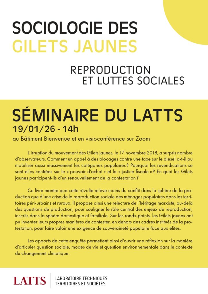 Affiche du séminaire général du latts sur l'ouvrage Sociologie des gilets jaunes
