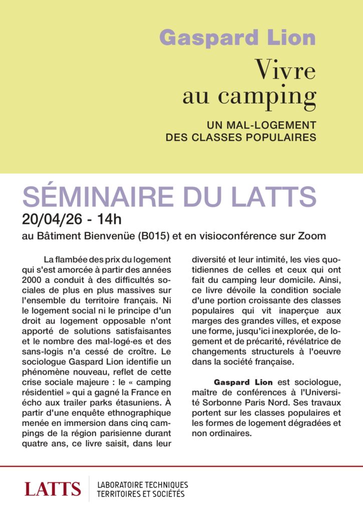 Affiche du séminaire "Vivre au camping" du 20 avril 2026 au LATTS, par Gaspard Lion